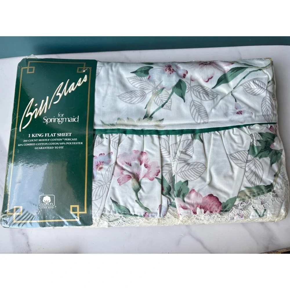 Bill Blass for Springmaid Romance King Flat Sheet Vintage Floral Lace Ruffle NEW